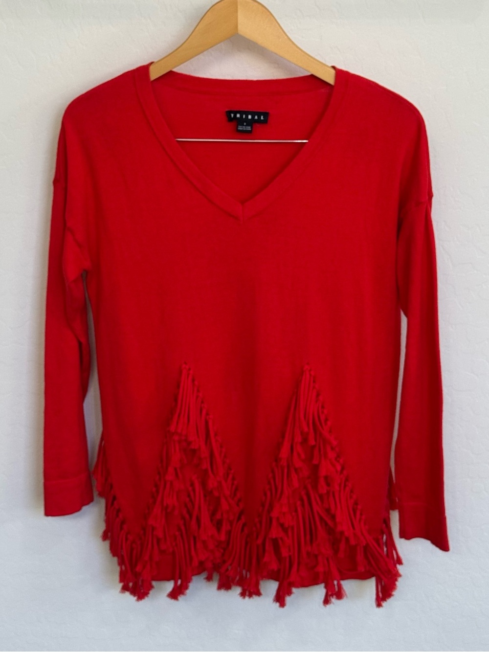 TRIBAL Red V-Neck Boho Western Long Sleeve Top Layered Fringe Hem Size Small EUC